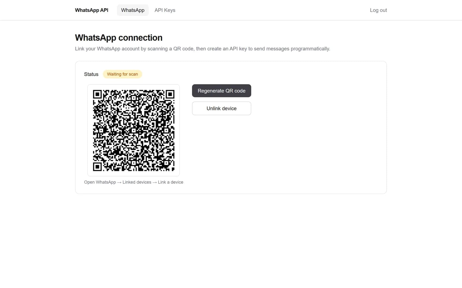 WhatsApp API dashboard showing the connection status and a QR code to link a WhatsApp device